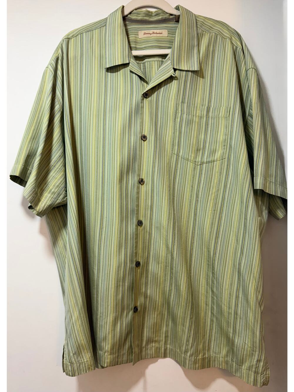 Men’s Tommy Bahama 100% Silk Shirt Green Striped Short Sleeve Button Down XXL